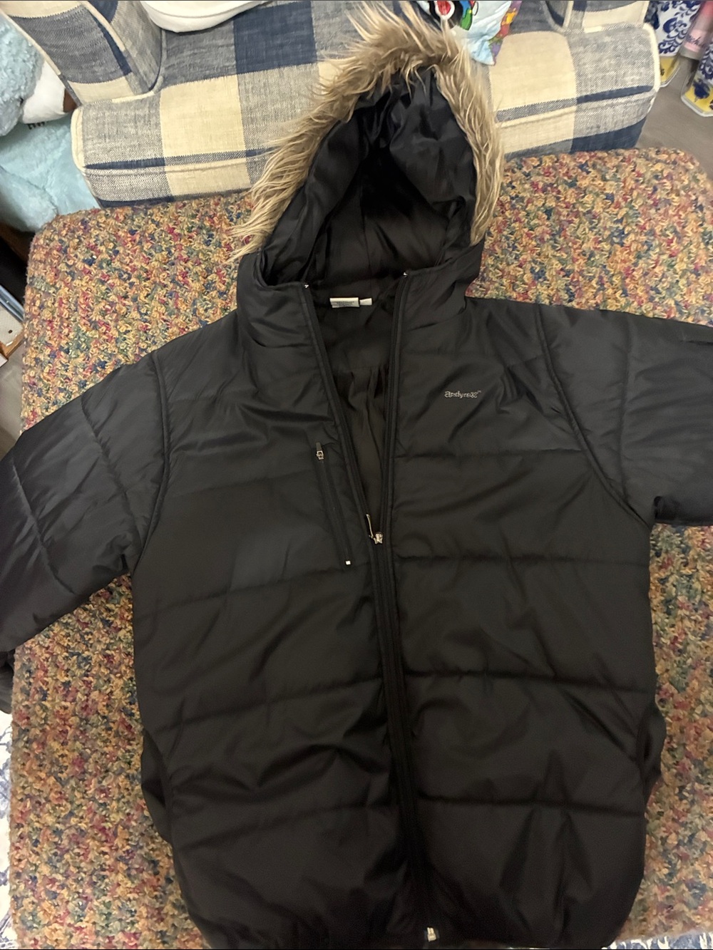Women's Black Puffer Jacket with Faux-Fur Hood